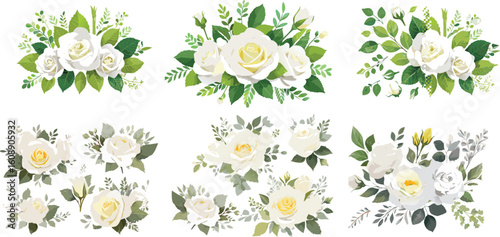 A collection of elegant white rose floral arrangements and individual elements in a watercolor or vector illustration