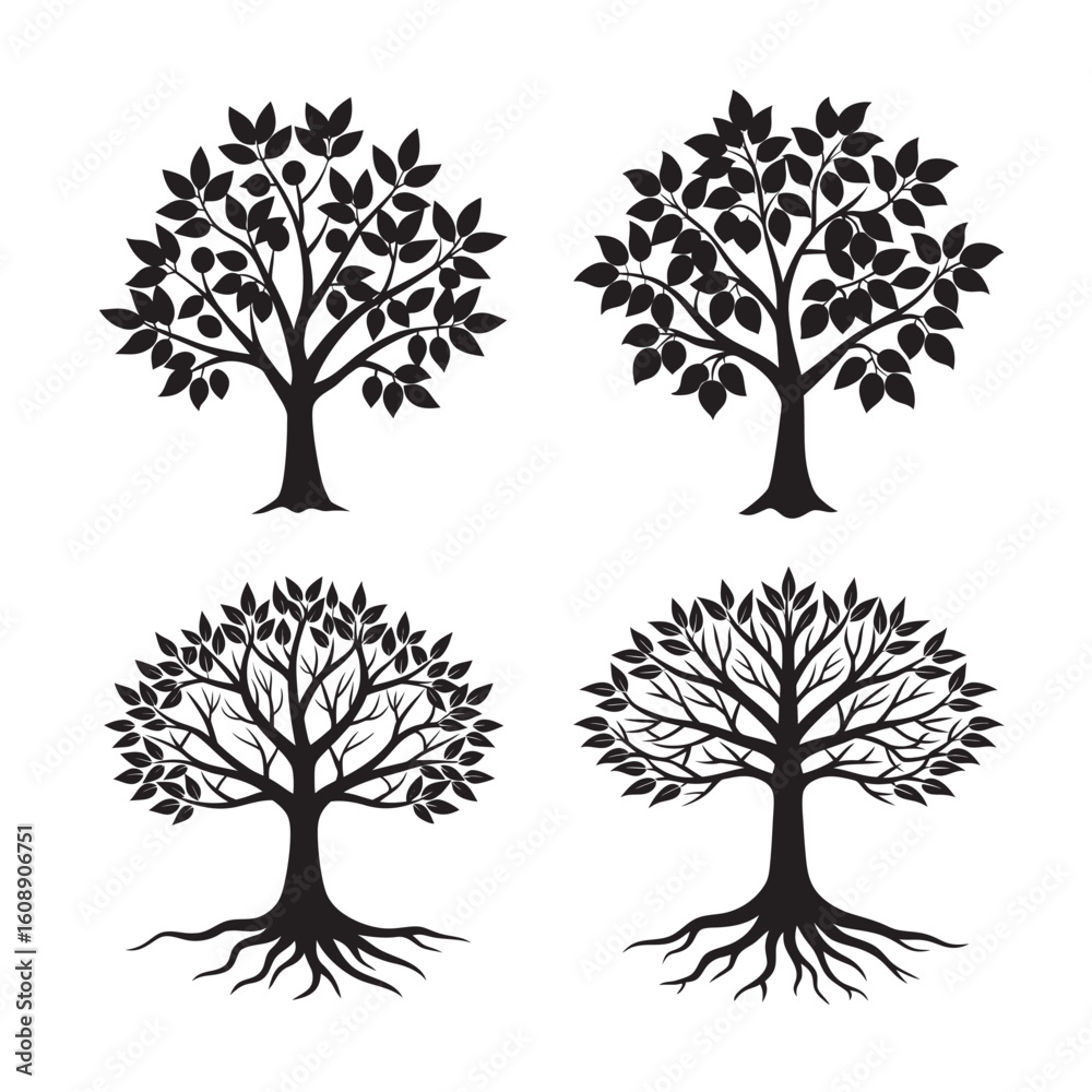 Obraz premium black silhouette neem tree with spreading branches set bundle
