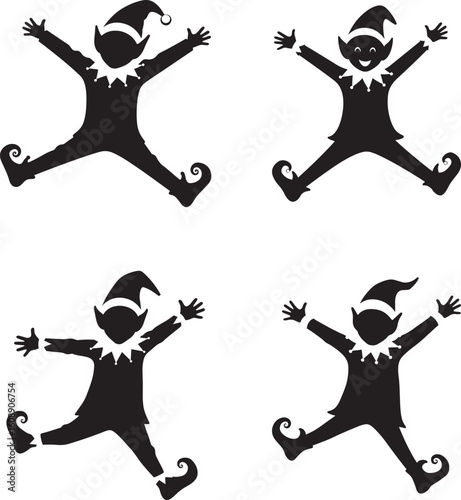 Four joyful elf silhouettes in a jumping pose