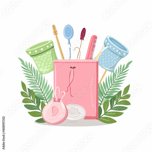 Cartoon illustration of a sustainable personal care kit with a bamboo toothbrush, solid soap, and reusable items for an eco-friendly lifestyle