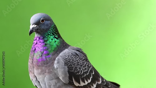 Wallpaper Mural close up of a beautiful common rock pigeon with iridescent feathers on green screen Torontodigital.ca