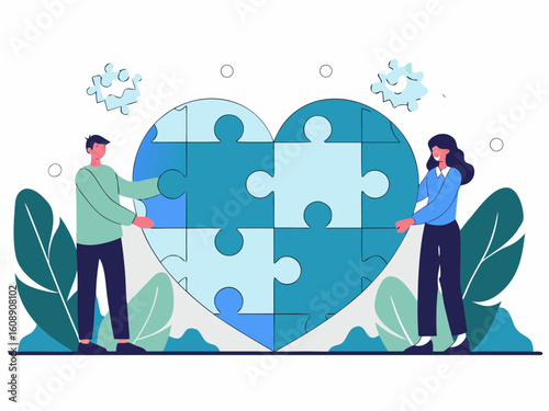 Man and woman building a heart shaped puzzle teamwork and love concept vector illustration