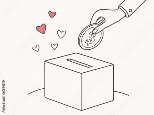 Donation Box with Heart Symbols Hand Inserting Coin Charitable Giving Financial Support Generosity and Philanthropy Concept