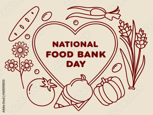 National Food Bank Day Illustration with Heart Shaped Frame and Food Outline Drawings for Social Media Post