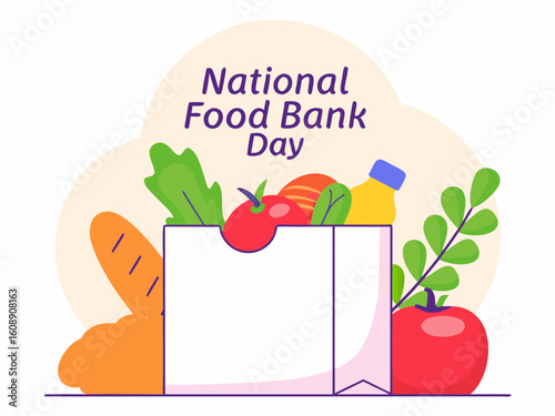 Celebrating National Food Bank Day with a Colorful Illustration of a Grocery Bag Filled with Food