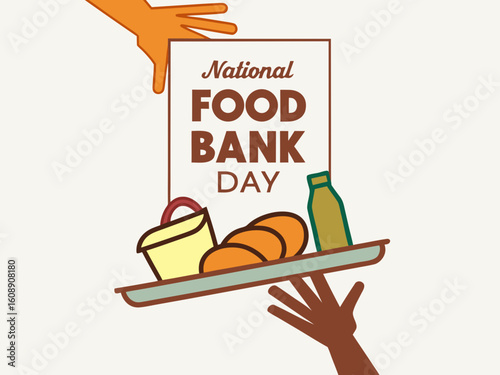 National Food Bank Day Illustration with Hands Holding Tray of Food and Signage for Awareness