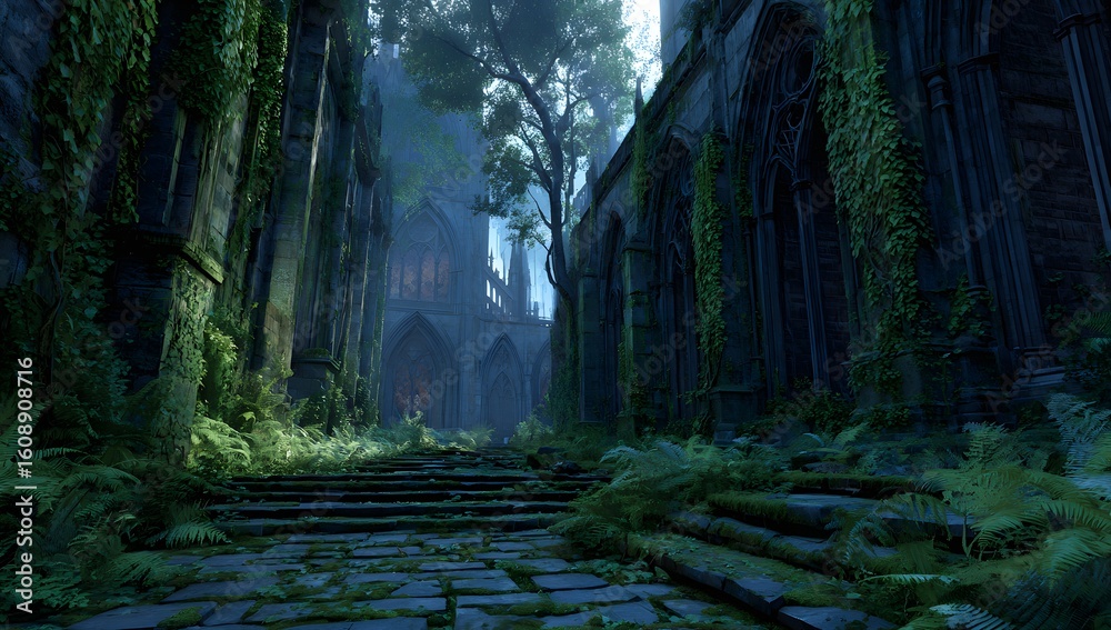 Fototapeta premium Moss-covered gothic ruins in an enchanted forest at dawn