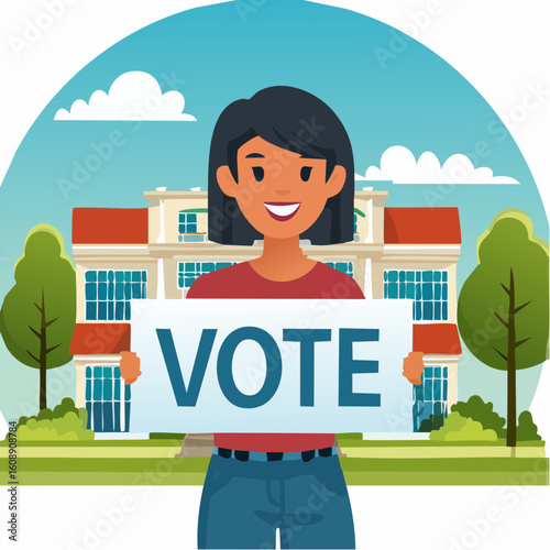 Illustration of a smiling young woman encouraging civic engagement by holding a VOTE sign in front of a public building