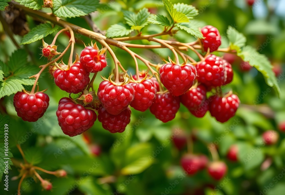 Translucent raspberries, plump and juicy, cling to slender branches amidst lush green foliage, texture, macro photography Translucent raspberries, plump and juicy, cling to slender branches amidst lush green foliage, texture, macro photography