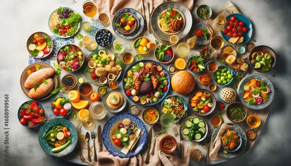 Fototapeta premium Top-down shot of a styled table with diverse delicious meals, napkins, and glasses arranged for a celebratory feast