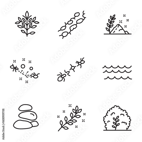 Minimalist line art icons featuring nature elements including leaves ants and water waves