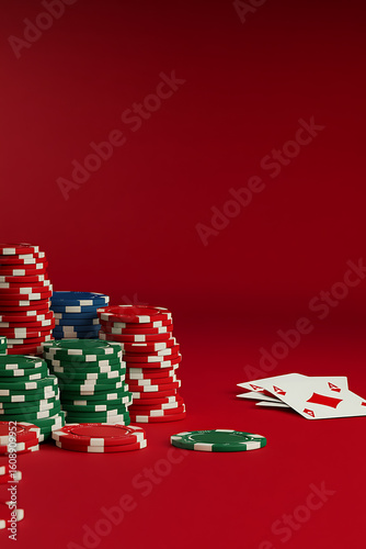 Stacked poker chips in red, blue, and green on a red background with playing cards nearby