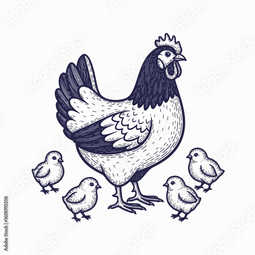 Hen and chicks illustration features fowl alongside its offspring. Mother hen, a symbol of protection, is pictured with baby chickens in this family scene, promoting warmth.