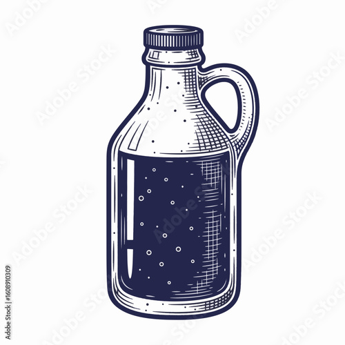 Growler bottle illustration filled with refreshing beverage ready for a picnic. Growler bottle art shows textured glass and liquid, perfect for brewery advertising and showcasing drink options.