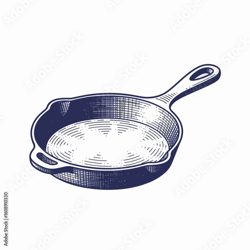Frying pan illustration in vintage style, skillet drawing. Engraved frying pan illustration for cooking or kitchen concept, sketch.