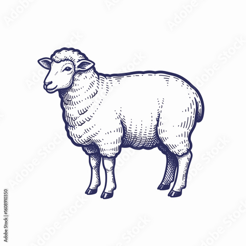 Ink sketch of sheep, ovine animal standing isolated on white. Sheep is a symbol of domestic livestock and wool production, sheep concept for sustainable farms.