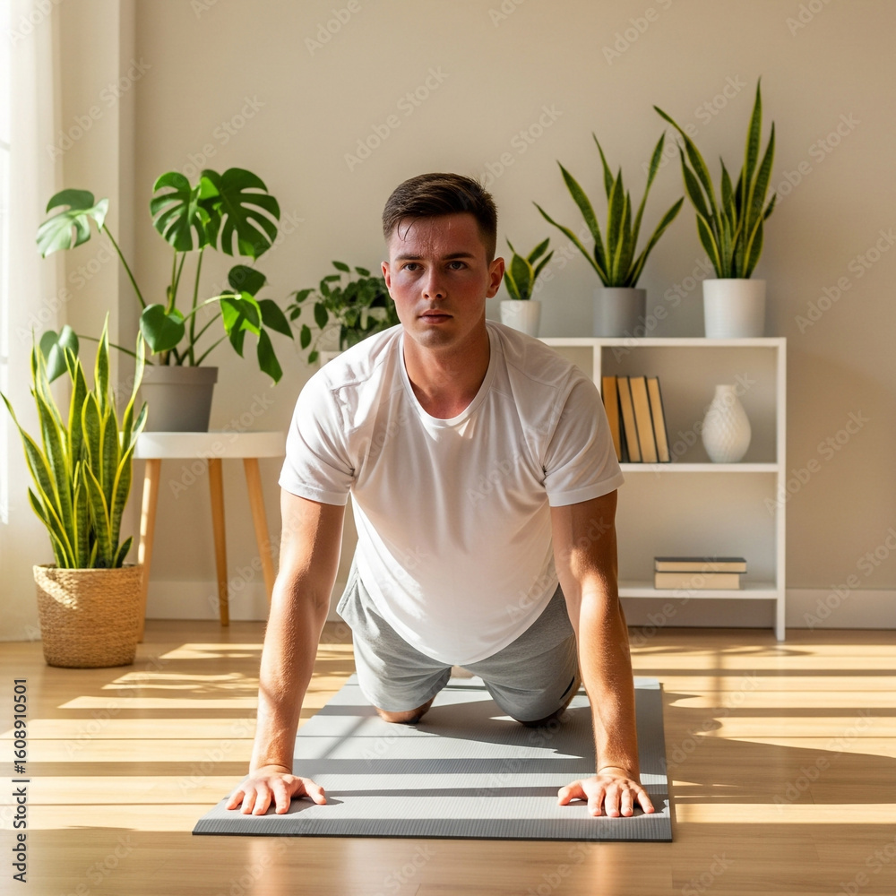 Fototapeta premium Focused Man in Plank Pose, Home Gym, Natural Light