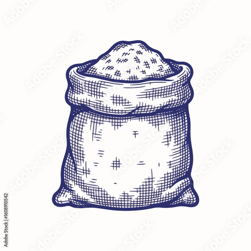 Sack with grain drawn in pen style to use as bakery ingredient, flour sack to showcase farm harvest. Flour sack, full of crop shown with filling and hatching strokes.