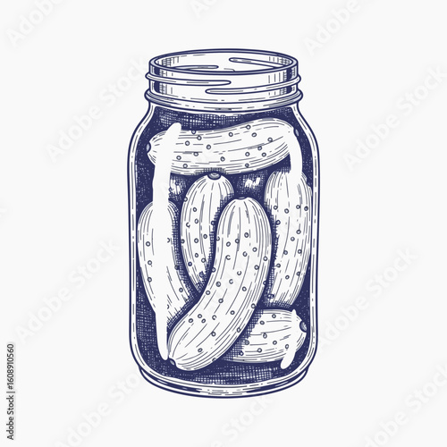 Pickled cucumbers in glass jar for healthy snack. Homemade pickled cucumbers, conserved in a transparent canning jar. Farm-fresh pickled cucumbers are ideal ingredient for a healthy dish.
