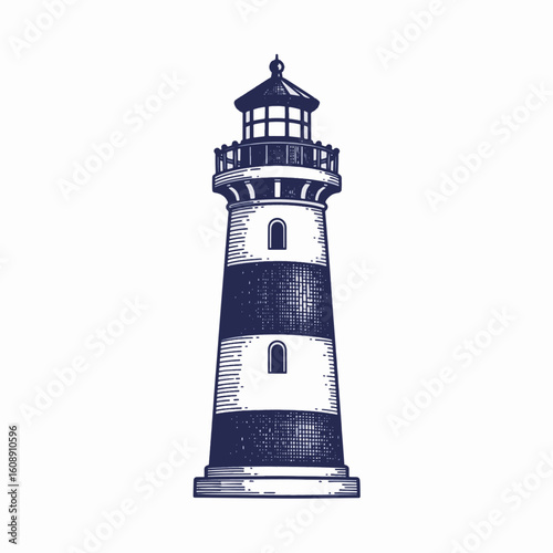 Striking lighthouse illustration in an engraved style, with crisp lines and simple shading, nautical navigation aid. Lighthouse illustration evokes vintage maritime charm with coastal beacon tower,