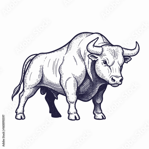 Powerful bull illustration with muscular build against clean background. This strong bull illustration conveys might and dominance with its detailed anatomical features.