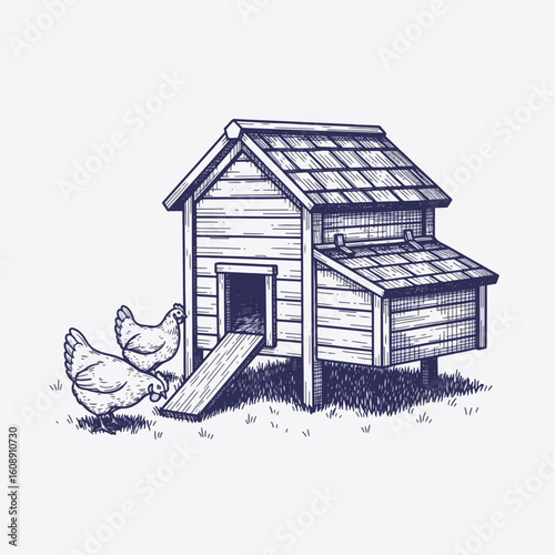 Chicken coop illustration with sketch drawing style, highlighting detailed structure. This quaint chicken coop provides shelter for chickens, showcasing rustic charm.