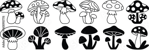 Cartoon mushroom vector set, fantasy fungi clipart collection, black and white toadstool drawings, whimsical forest nature graphic design

 flat vector illustration