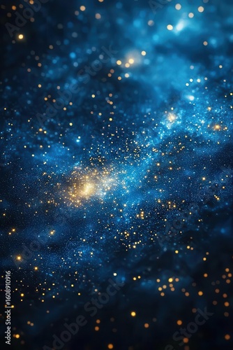 Abstract blue and gold nebula with sparkling stars.