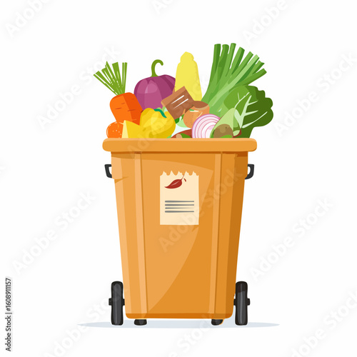 An overflowing orange compost bin filled with discarded fresh vegetable scraps, illustrating the concept of food waste and organic recycling