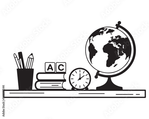 Black and white school supplies globe clock and books on a shelf