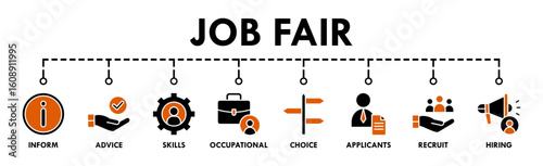 Job fair banner web icon vector illustration concept for employee recruitment and onboarding program with an icon of the information, advice, skills, occupational, applicants, recruit, and hiring