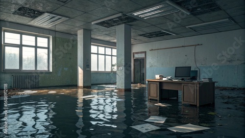 Desolate abandoned office with waterlogged floors and decaying interiors evokes a sense of urban decay and post-apocalyptic ruin, perfect for dramatic storytelling.