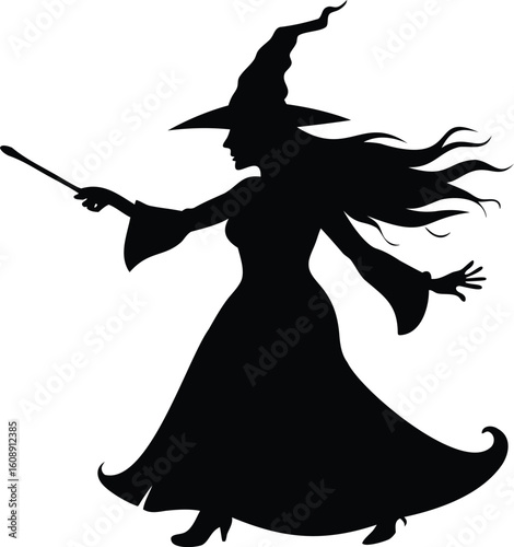 Silhouette of a bewitching witch casting spells with her magic wand