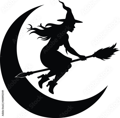 Silhouette of a witch flying on a broomstick in front of crescent moon