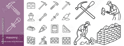 Set of 30 outline icons related to masonry. Linear icon collection. Editable stroke. Vector illustration