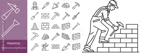 Set of 30 outline icons related to masonry. Linear icon collection. Editable stroke. Vector illustration