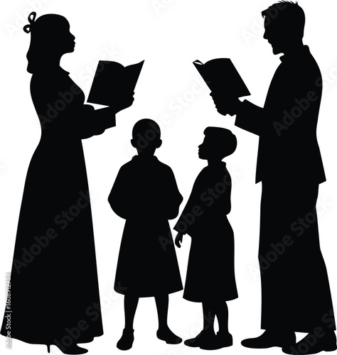 Silhouette of a family singing hymns from books together in unison