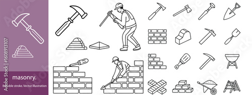 Set of 30 outline icons related to masonry. Linear icon collection. Editable stroke. Vector illustration