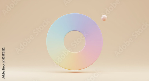 Minimalist 3D render featuring a pastel gradient torus ring and a small floating sphere on a clean beige background, a concept of modern design.