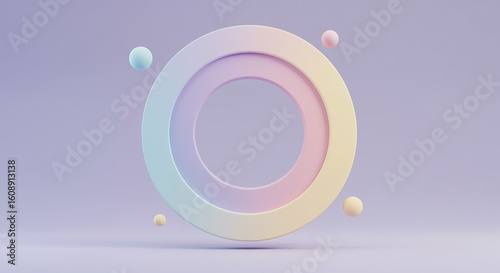 Minimalist 3D render of a pastel gradient ring surrounded by floating spheres. Abstract geometric background with a central circular frame.