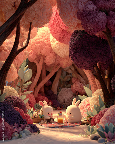bright and playful cute animal couple having a happy picnic scene in cartoon forest, detailed trees and leaves, warm lighting.