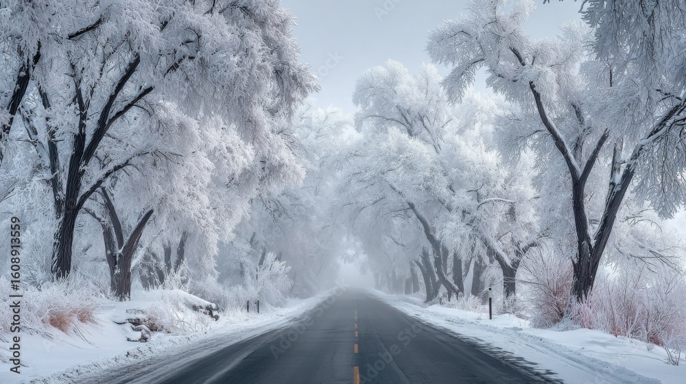 Obraz premium Serene Winter Roadway Surrounded by Majestic Snow Covered Trees Creating a Tranquil Scenic View