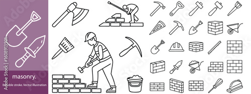 Set of 30 outline icons related to masonry. Linear icon collection. Editable stroke. Vector illustration