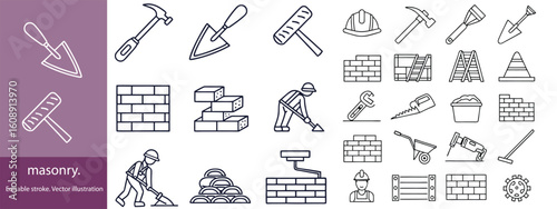 Set of 30 outline icons related to masonry. Linear icon collection. Editable stroke. Vector illustration