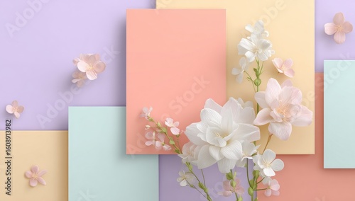 Pastel colored paper squares arranged with delicate flowers