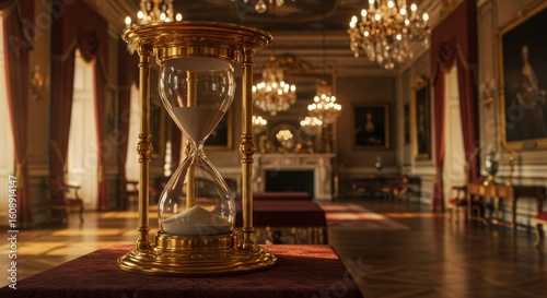 Gilded Hourglass: The Sands of Time Flow in an Opulent Chamber setting