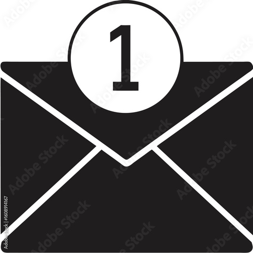 Incoming email notification icon with one message indication in black and white