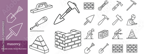 Set of 30 outline icons related to masonry. Linear icon collection. Editable stroke. Vector illustration
