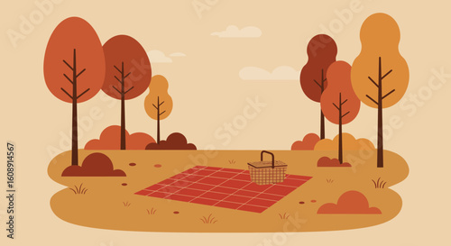 Simple flat vector illustration of a peaceful picnic scene in a park with a red blanket, basket, and surrounding autumn trees