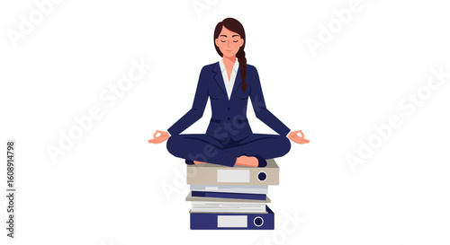 Flat illustration of a woman on suit going yoga sit on stack of files